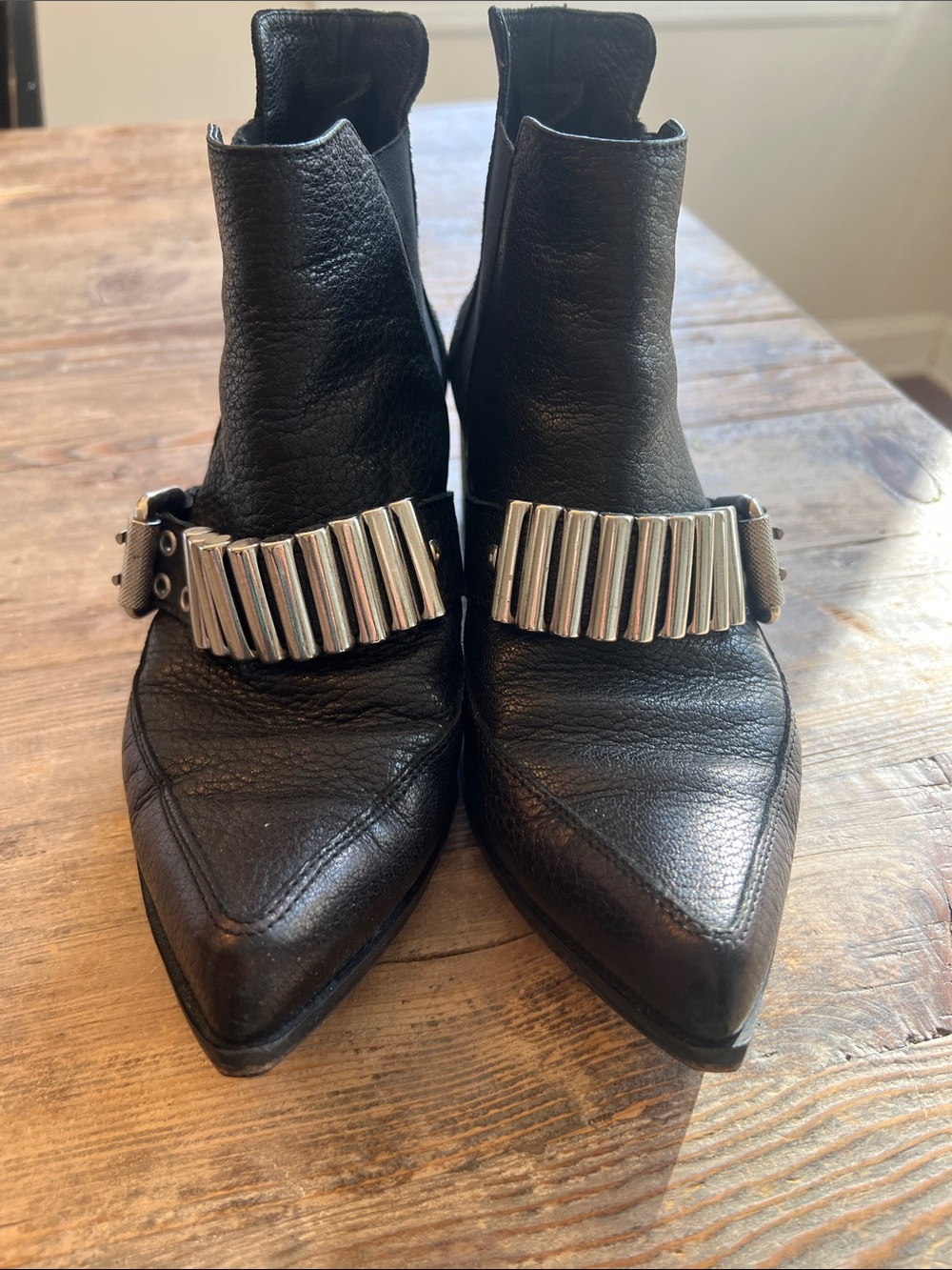 Alexander McQueen Black Leather Pointed Booties with Silver Bar Trim